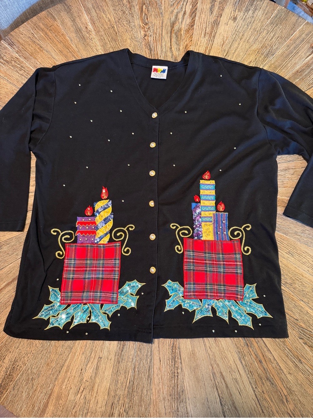 Vintage Focus Christmas Cardigan Black Sequin Candle Plaid Holly One Size ~Ugly